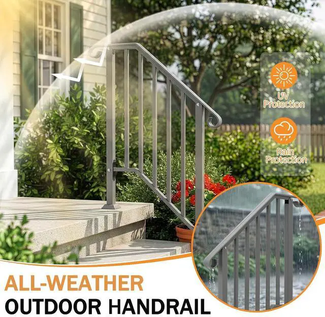 Alt view image 3 of 7 - Handrails for Outdoor Steps, Stair Handrail Fits 1 to 5 Steps, Wrought Iron Hand Rail Stair Railing Kit for Concrete/Porch/Wooden Steps (1, Silver Grey, 2 to 3 Steps)