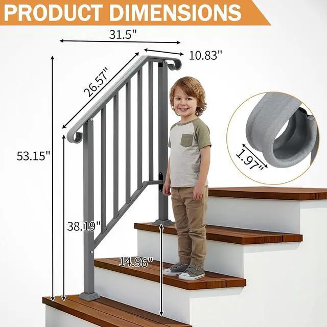 Alt view image 5 of 7 - Handrails for Outdoor Steps, Stair Handrail Fits 1 to 5 Steps, Wrought Iron Hand Rail Stair Railing Kit for Concrete/Porch/Wooden Steps (1, Silver Grey, 2 to 3 Steps)