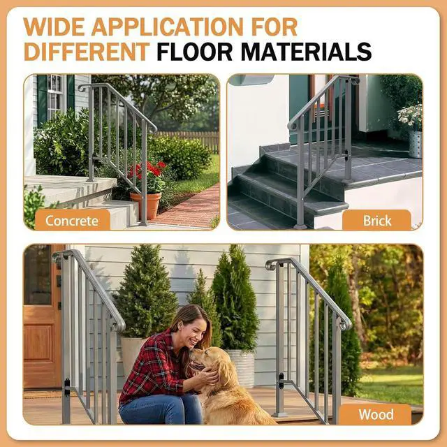 Alt view image 7 of 7 - Handrails for Outdoor Steps, Stair Handrail Fits 1 to 5 Steps, Wrought Iron Hand Rail Stair Railing Kit for Concrete/Porch/Wooden Steps (1, Silver Grey, 2 to 3 Steps)