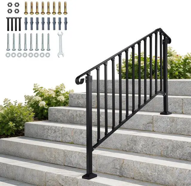 Main image of Handrails for Outdoor Steps, Stair Handrail Fits 1 to 5 Steps, Wrought Iron Hand Rail Stair Railing Kit for Concrete/Porch/Wooden Steps (1, Matte Black, 4 to 5 Steps)