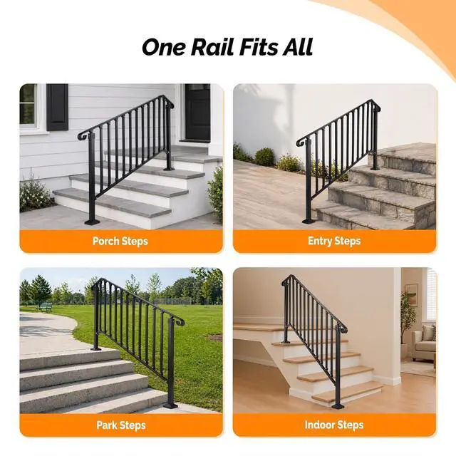 Alt view image 7 of 7 - Handrails for Outdoor Steps, Stair Handrail Fits 1 to 5 Steps, Wrought Iron Hand Rail Stair Railing Kit for Concrete/Porch/Wooden Steps (1, Matte Black, 4 to 5 Steps)