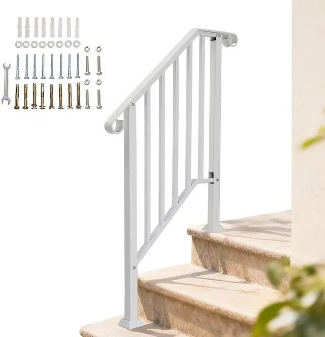 Main image of Handrails for Outdoor Steps, Stair Handrail Fits 1 to 5 Steps, Wrought Iron Hand Rail Stair Railing Kit for Concrete/Porch/Wooden Steps (1, White, 2 to 3 Steps)