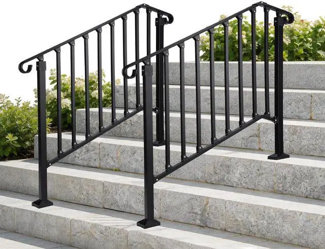 Main image of Handrails for Outdoor Steps, Stair Handrail Fits 1 to 5 Steps, Wrought Iron Hand Rail Stair Railing Kit for Concrete/Porch/Wooden Steps (2, Matte Black, 3 to 4 Steps)