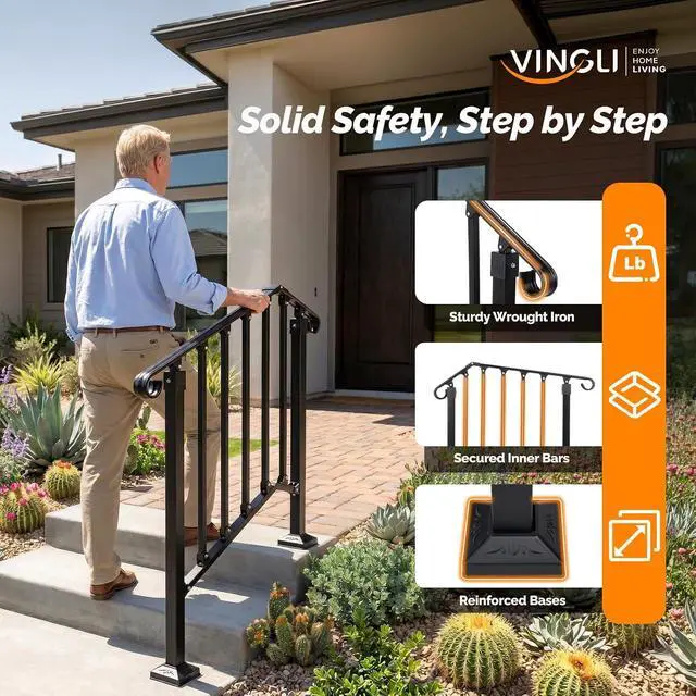 Alt view image 3 of 7 - Handrails for Outdoor Steps, Stair Handrail Fits 1 to 5 Steps, Wrought Iron Hand Rail Stair Railing Kit for Concrete/Porch/Wooden Steps (2, Matte Black, 2 to 3 Steps)