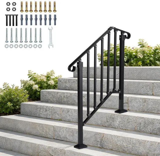 Main image of Handrails for Outdoor Steps, Stair Handrail Fits 1 to 5 Steps, Wrought Iron Hand Rail Stair Railing Kit for Concrete/Porch/Wooden Steps (1, Matte Black, 2 to 3 Steps)