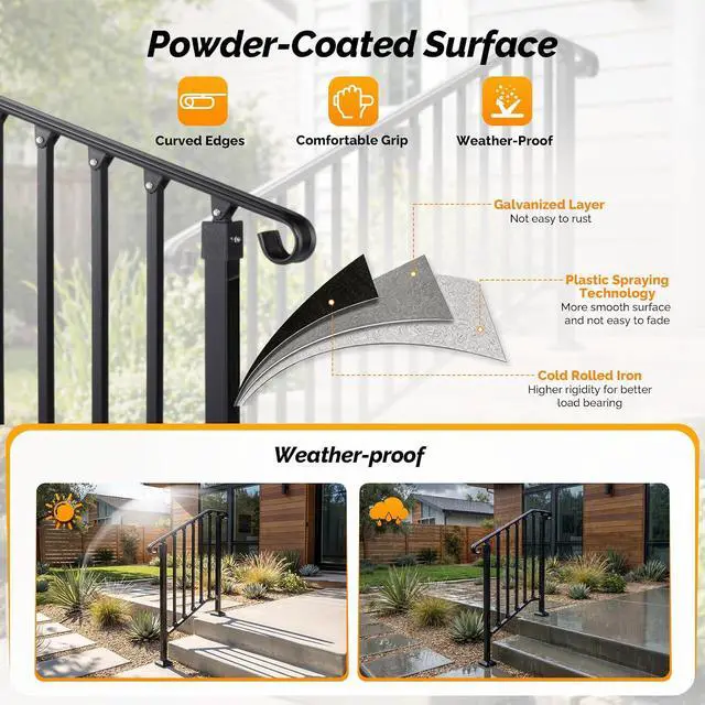 Alt view image 4 of 7 - Handrails for Outdoor Steps, Stair Handrail Fits 1 to 5 Steps, Wrought Iron Hand Rail Stair Railing Kit for Concrete/Porch/Wooden Steps (2, Matte Black, 2 to 3 Steps)