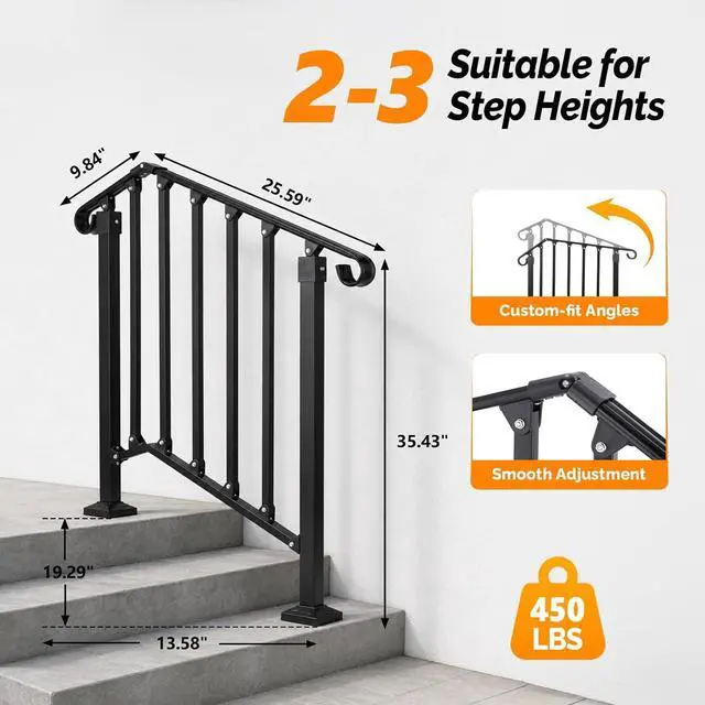 Alt view image 4 of 7 - Handrails for Outdoor Steps, Stair Handrail Fits 1 to 5 Steps, Wrought Iron Hand Rail Stair Railing Kit for Concrete/Porch/Wooden Steps (1, Matte Black, 2 to 3 Steps)