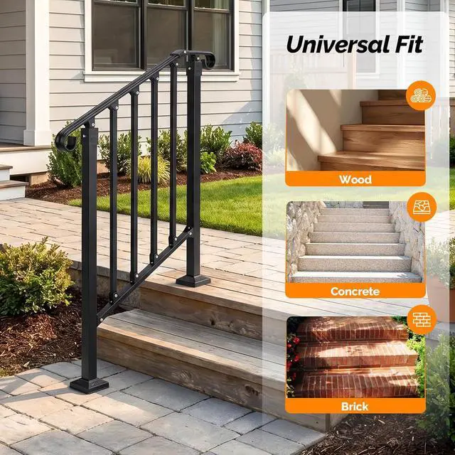 Alt view image 5 of 7 - Handrails for Outdoor Steps, Stair Handrail Fits 1 to 5 Steps, Wrought Iron Hand Rail Stair Railing Kit for Concrete/Porch/Wooden Steps (2, Matte Black, 2 to 3 Steps)