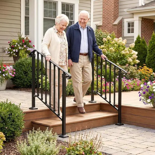 Alt view image 2 of 7 - Handrails for Outdoor Steps, Stair Handrail Fits 1 to 5 Steps, Wrought Iron Hand Rail Stair Railing Kit for Concrete/Porch/Wooden Steps (2, Matte Black, 2 to 3 Steps)