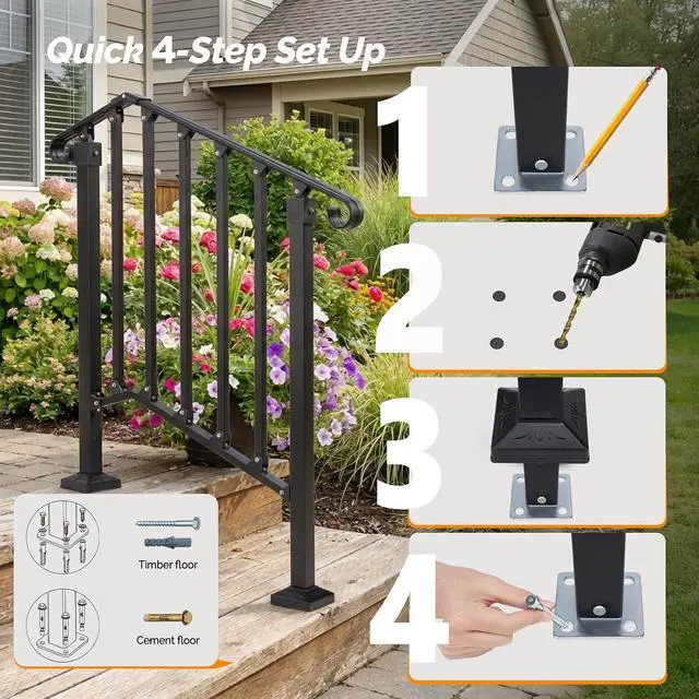 Alt view image 7 of 7 - Handrails for Outdoor Steps, Stair Handrail Fits 1 to 5 Steps, Wrought Iron Hand Rail Stair Railing Kit for Concrete/Porch/Wooden Steps (2, Matte Black, 2 to 3 Steps)