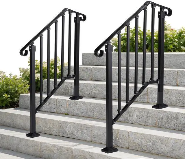 Main image of Handrails for Outdoor Steps, Stair Handrail Fits 1 to 5 Steps, Wrought Iron Hand Rail Stair Railing Kit for Concrete/Porch/Wooden Steps (2, Matte Black, 2 to 3 Steps)