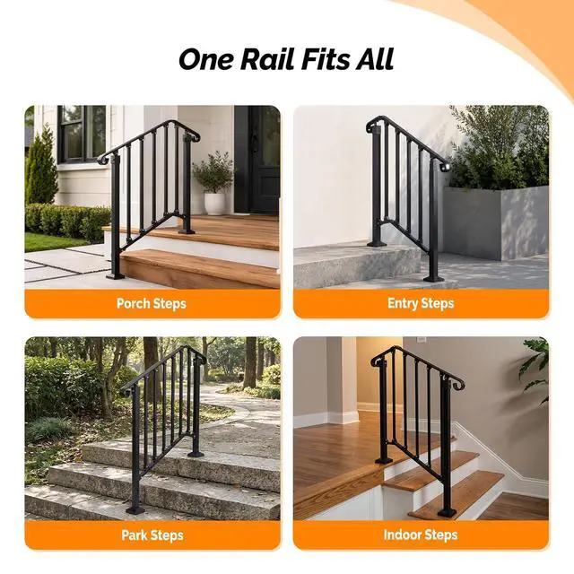 Alt view image 6 of 7 - Handrails for Outdoor Steps, Stair Handrail Fits 1 to 5 Steps, Wrought Iron Hand Rail Stair Railing Kit for Concrete/Porch/Wooden Steps (2, Matte Black, 2 to 3 Steps)