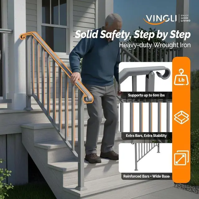 Alt view image 2 of 7 - Handrails for Outdoor Steps, Stair Handrail Fits 1 to 5 Steps, Wrought Iron Hand Rail Stair Railing Kit for Concrete/Porch/Wooden Steps (2, Silver Grey, 3 to 4 Steps)