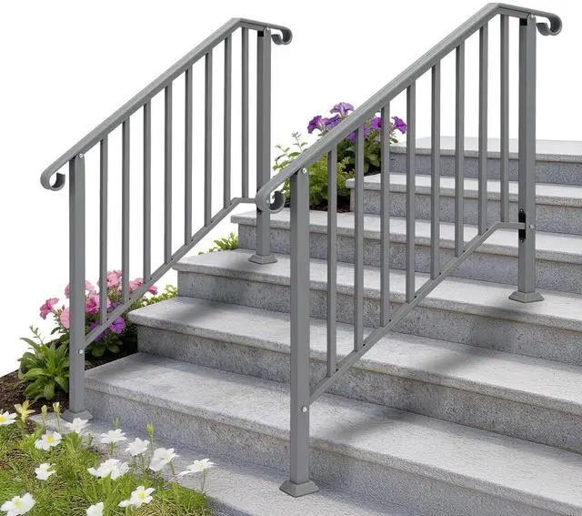 Main image of Handrails for Outdoor Steps, Stair Handrail Fits 1 to 5 Steps, Wrought Iron Hand Rail Stair Railing Kit for Concrete/Porch/Wooden Steps (2, Silver Grey, 3 to 4 Steps)