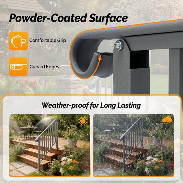 Alt view image 3 of 7 - Handrails for Outdoor Steps, Stair Handrail Fits 1 to 5 Steps, Wrought Iron Hand Rail Stair Railing Kit for Concrete/Porch/Wooden Steps (2, Silver Grey, 3 to 4 Steps)