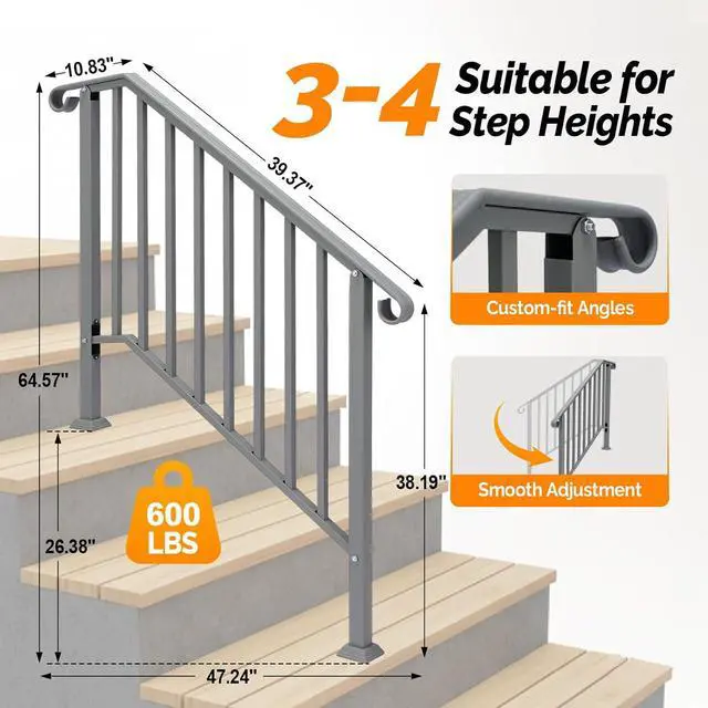 Alt view image 5 of 7 - Handrails for Outdoor Steps, Stair Handrail Fits 1 to 5 Steps, Wrought Iron Hand Rail Stair Railing Kit for Concrete/Porch/Wooden Steps (2, Silver Grey, 3 to 4 Steps)