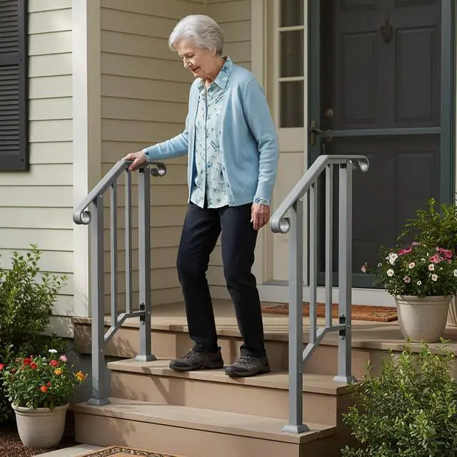 Alt view image 6 of 7 - Handrails for Outdoor Steps, Stair Handrail Fits 1 to 5 Steps, Wrought Iron Hand Rail Stair Railing Kit for Concrete/Porch/Wooden Steps (1, Silver Grey, 1 to 2 Steps)