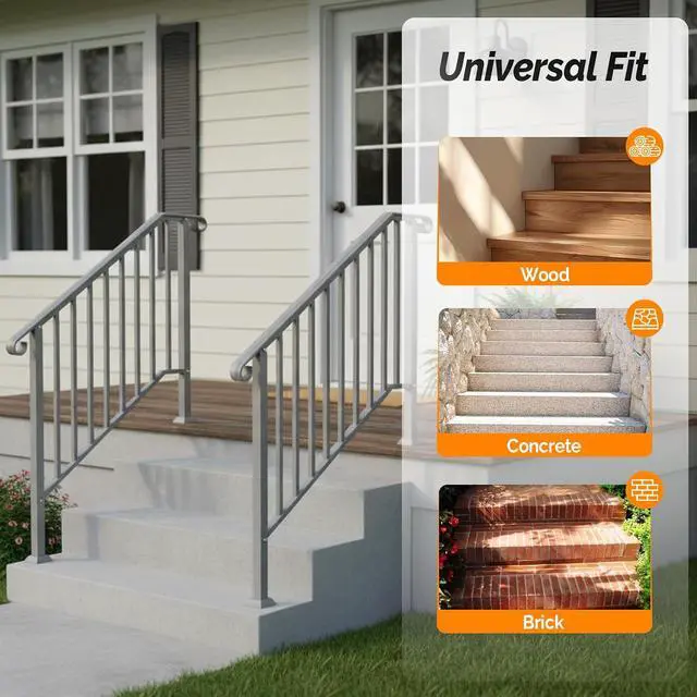 Alt view image 4 of 7 - Handrails for Outdoor Steps, Stair Handrail Fits 1 to 5 Steps, Wrought Iron Hand Rail Stair Railing Kit for Concrete/Porch/Wooden Steps (2, Silver Grey, 3 to 4 Steps)