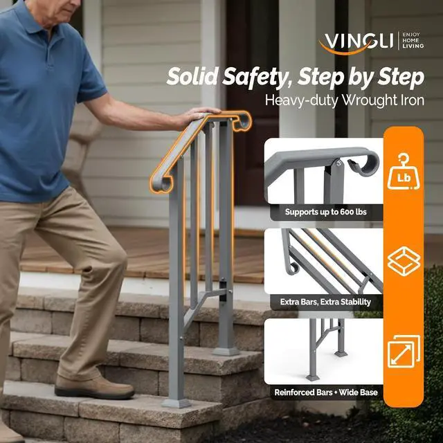 Alt view image 2 of 7 - Handrails for Outdoor Steps, Stair Handrail Fits 1 to 5 Steps, Wrought Iron Hand Rail Stair Railing Kit for Concrete/Porch/Wooden Steps (1, Silver Grey, 1 to 2 Steps)