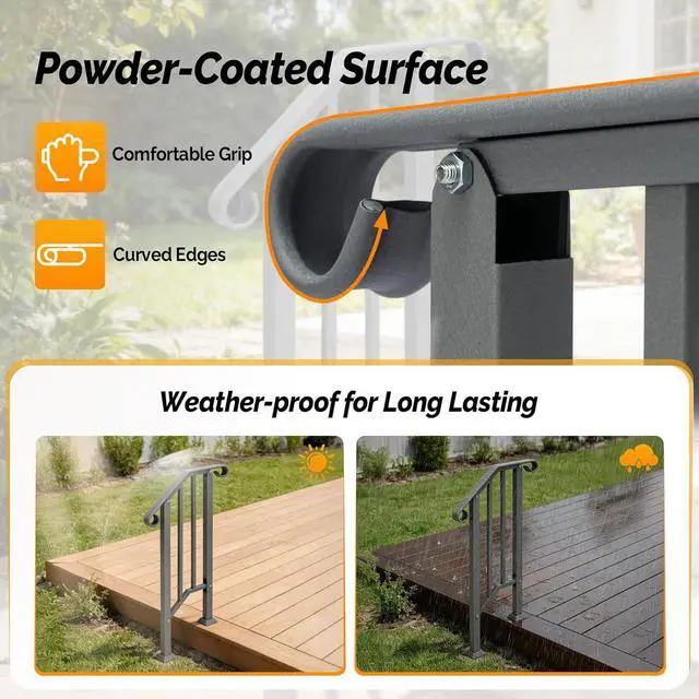 Alt view image 3 of 7 - Handrails for Outdoor Steps, Stair Handrail Fits 1 to 5 Steps, Wrought Iron Hand Rail Stair Railing Kit for Concrete/Porch/Wooden Steps (1, Silver Grey, 1 to 2 Steps)