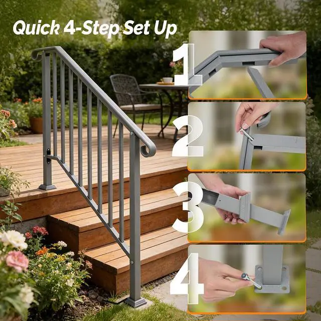 Alt view image 6 of 7 - Handrails for Outdoor Steps, Stair Handrail Fits 1 to 5 Steps, Wrought Iron Hand Rail Stair Railing Kit for Concrete/Porch/Wooden Steps (2, Silver Grey, 3 to 4 Steps)
