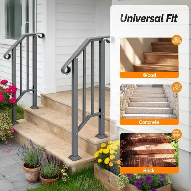 Alt view image 7 of 7 - Handrails for Outdoor Steps, Stair Handrail Fits 1 to 5 Steps, Wrought Iron Hand Rail Stair Railing Kit for Concrete/Porch/Wooden Steps (1, Silver Grey, 1 to 2 Steps)