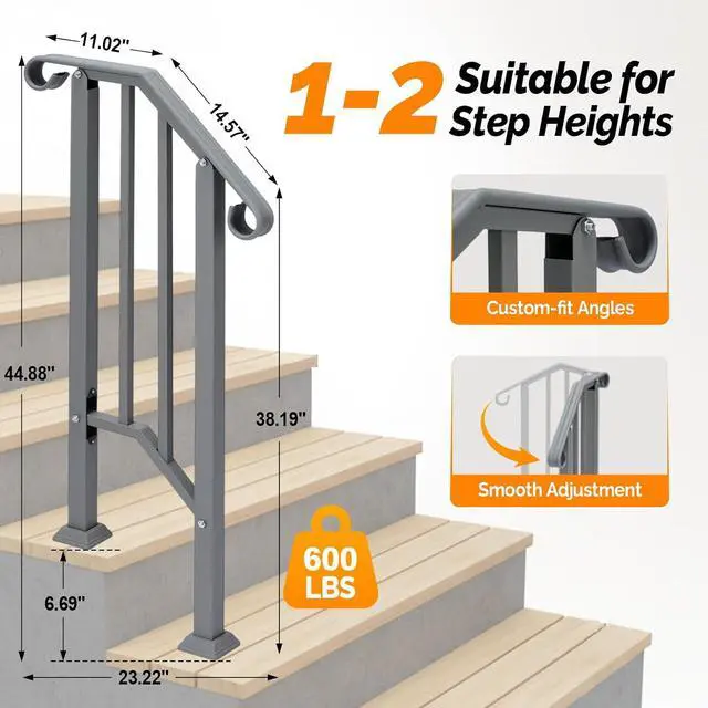 Alt view image 4 of 7 - Handrails for Outdoor Steps, Stair Handrail Fits 1 to 5 Steps, Wrought Iron Hand Rail Stair Railing Kit for Concrete/Porch/Wooden Steps (1, Silver Grey, 1 to 2 Steps)
