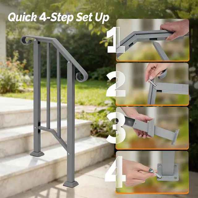 Alt view image 5 of 7 - Handrails for Outdoor Steps, Stair Handrail Fits 1 to 5 Steps, Wrought Iron Hand Rail Stair Railing Kit for Concrete/Porch/Wooden Steps (1, Silver Grey, 1 to 2 Steps)