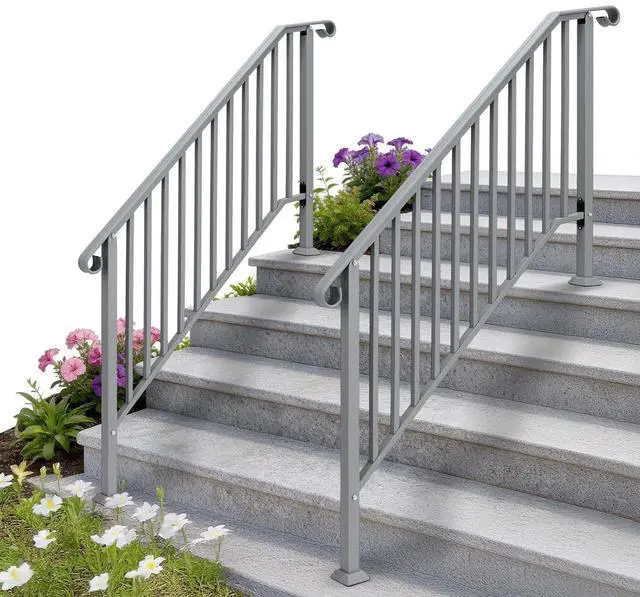 Main image of Handrails for Outdoor Steps, Stair Handrail Fits 1 to 5 Steps, Wrought Iron Hand Rail Stair Railing Kit for Concrete/Porch/Wooden Steps (2, Silver Grey, 4 to 5 Steps)