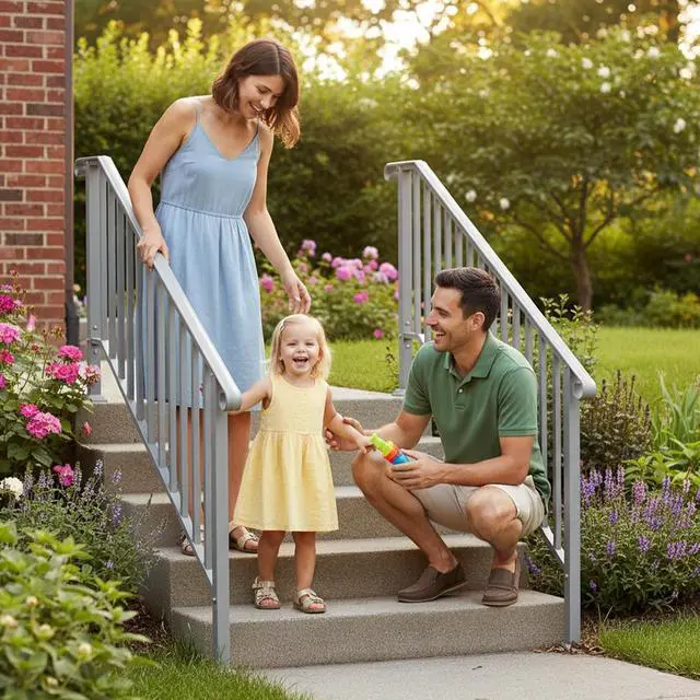 Alt view image 2 of 7 - Handrails for Outdoor Steps, Stair Handrail Fits 1 to 5 Steps, Wrought Iron Hand Rail Stair Railing Kit for Concrete/Porch/Wooden Steps (2, Silver Grey, 4 to 5 Steps)
