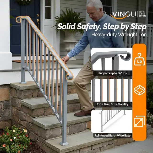 Alt view image 3 of 7 - Handrails for Outdoor Steps, Stair Handrail Fits 1 to 5 Steps, Wrought Iron Hand Rail Stair Railing Kit for Concrete/Porch/Wooden Steps (2, Silver Grey, 4 to 5 Steps)
