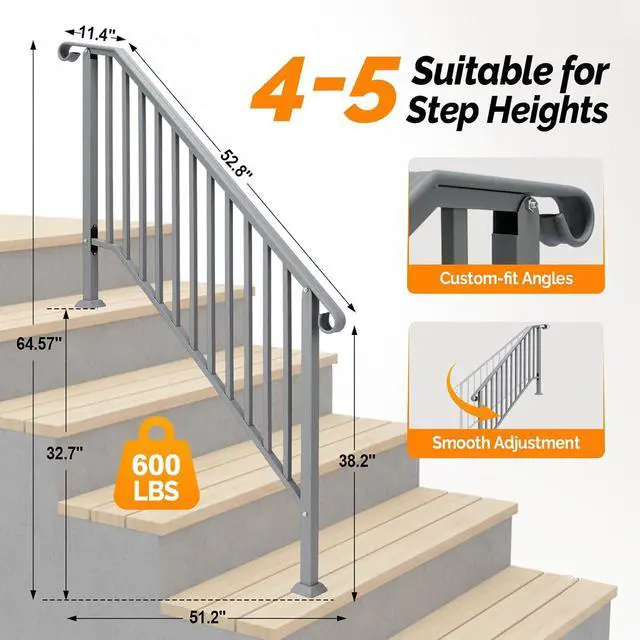 Alt view image 6 of 7 - Handrails for Outdoor Steps, Stair Handrail Fits 1 to 5 Steps, Wrought Iron Hand Rail Stair Railing Kit for Concrete/Porch/Wooden Steps (2, Silver Grey, 4 to 5 Steps)
