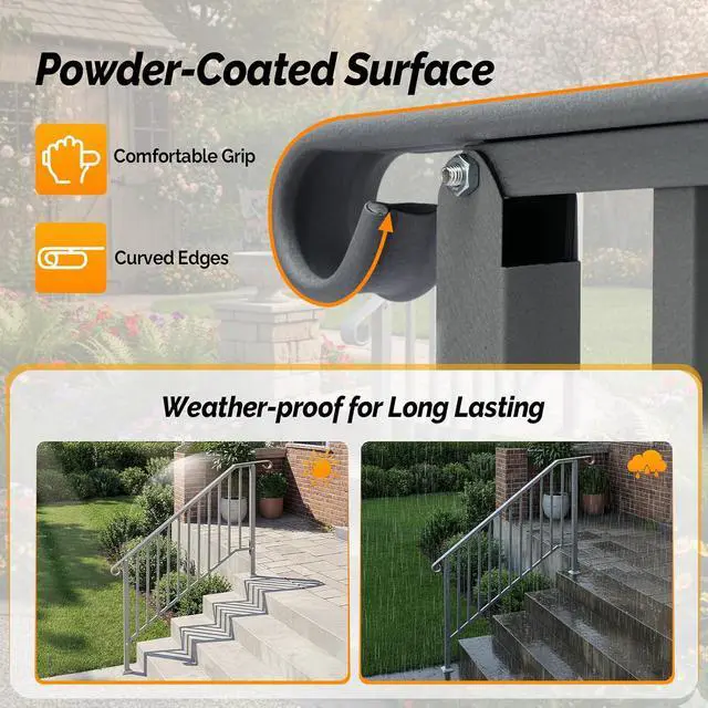 Alt view image 4 of 7 - Handrails for Outdoor Steps, Stair Handrail Fits 1 to 5 Steps, Wrought Iron Hand Rail Stair Railing Kit for Concrete/Porch/Wooden Steps (2, Silver Grey, 4 to 5 Steps)