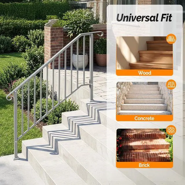 Alt view image 5 of 7 - Handrails for Outdoor Steps, Stair Handrail Fits 1 to 5 Steps, Wrought Iron Hand Rail Stair Railing Kit for Concrete/Porch/Wooden Steps (2, Silver Grey, 4 to 5 Steps)