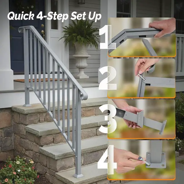 Alt view image 7 of 7 - Handrails for Outdoor Steps, Stair Handrail Fits 1 to 5 Steps, Wrought Iron Hand Rail Stair Railing Kit for Concrete/Porch/Wooden Steps (2, Silver Grey, 4 to 5 Steps)