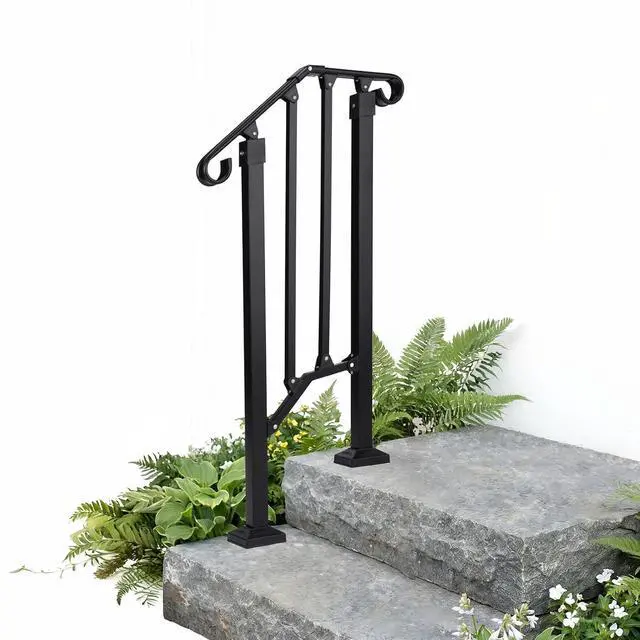 Main image of Handrails for Outdoor Steps, Stair Handrail Fits 1 to 5 Steps, Wrought Iron Hand Rail Stair Railing Kit for Concrete/Porch/Wooden Steps (1, Matte Black, 1 to 2 Steps)