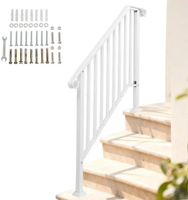 Main image of Handrails for Outdoor Steps, Stair Handrail Fits 1 to 4 Steps, Wrought Iron Hand Rail Stair Railing Kit for Concrete, Porch, Wooden Steps (White, 3 to 4 Steps)