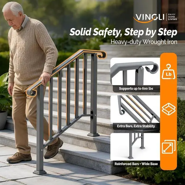 Alt view image 2 of 7 - Handrails for Outdoor Steps, Stair Handrail Fits 1 to 5 Steps, Wrought Iron Hand Rail Stair Railing Kit for Concrete/Porch/Wooden Steps (2, Silver Grey, 2 to 3 Steps)