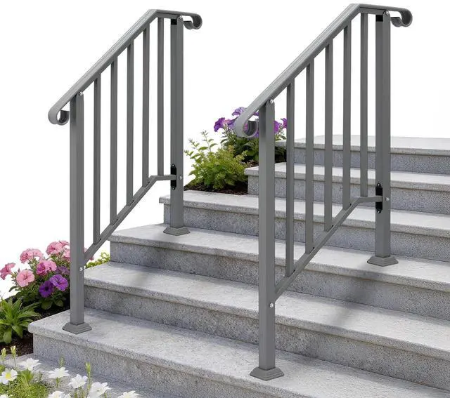 Main image of Handrails for Outdoor Steps, Stair Handrail Fits 1 to 5 Steps, Wrought Iron Hand Rail Stair Railing Kit for Concrete/Porch/Wooden Steps (2, Silver Grey, 2 to 3 Steps)