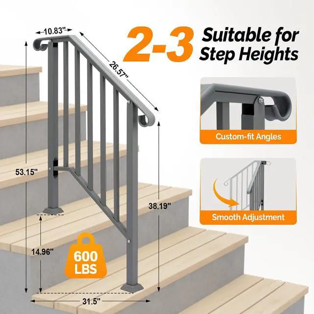Alt view image 5 of 7 - Handrails for Outdoor Steps, Stair Handrail Fits 1 to 5 Steps, Wrought Iron Hand Rail Stair Railing Kit for Concrete/Porch/Wooden Steps (2, Silver Grey, 2 to 3 Steps)