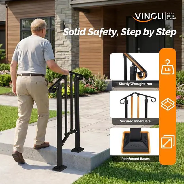 Alt view image 2 of 7 - Handrails for Outdoor Steps, Stair Handrail Fits 1 to 5 Steps, Wrought Iron Hand Rail Stair Railing Kit for Concrete/Porch/Wooden Steps (2, Matte Black, 1 to 2 Steps)