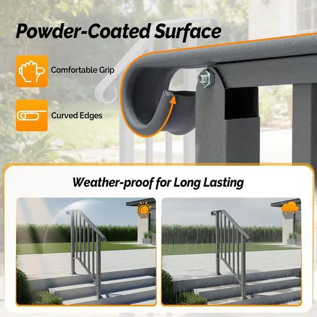 Alt view image 3 of 7 - Handrails for Outdoor Steps, Stair Handrail Fits 1 to 5 Steps, Wrought Iron Hand Rail Stair Railing Kit for Concrete/Porch/Wooden Steps (2, Silver Grey, 2 to 3 Steps)