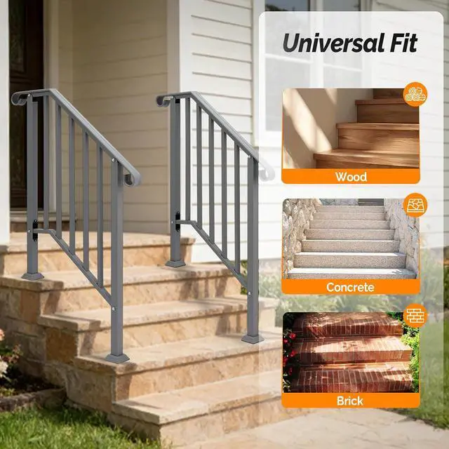 Alt view image 4 of 7 - Handrails for Outdoor Steps, Stair Handrail Fits 1 to 5 Steps, Wrought Iron Hand Rail Stair Railing Kit for Concrete/Porch/Wooden Steps (2, Silver Grey, 2 to 3 Steps)