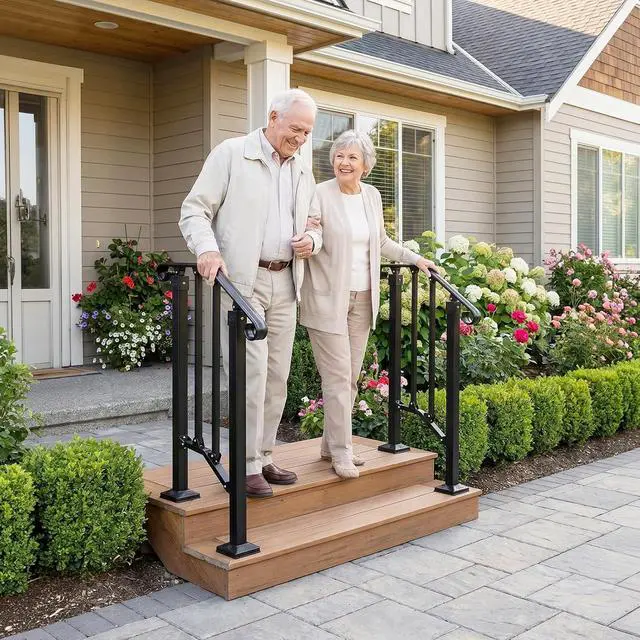 Alt view image 3 of 7 - Handrails for Outdoor Steps, Stair Handrail Fits 1 to 5 Steps, Wrought Iron Hand Rail Stair Railing Kit for Concrete/Porch/Wooden Steps (2, Matte Black, 1 to 2 Steps)