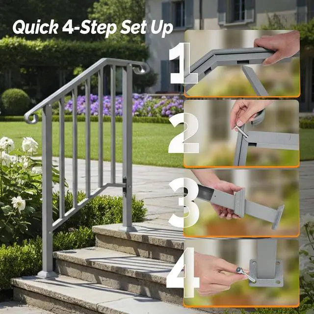 Alt view image 6 of 7 - Handrails for Outdoor Steps, Stair Handrail Fits 1 to 5 Steps, Wrought Iron Hand Rail Stair Railing Kit for Concrete/Porch/Wooden Steps (2, Silver Grey, 2 to 3 Steps)