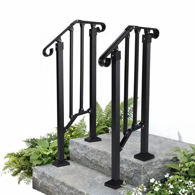 Main image of Handrails for Outdoor Steps, Stair Handrail Fits 1 to 5 Steps, Wrought Iron Hand Rail Stair Railing Kit for Concrete/Porch/Wooden Steps (2, Matte Black, 1 to 2 Steps)