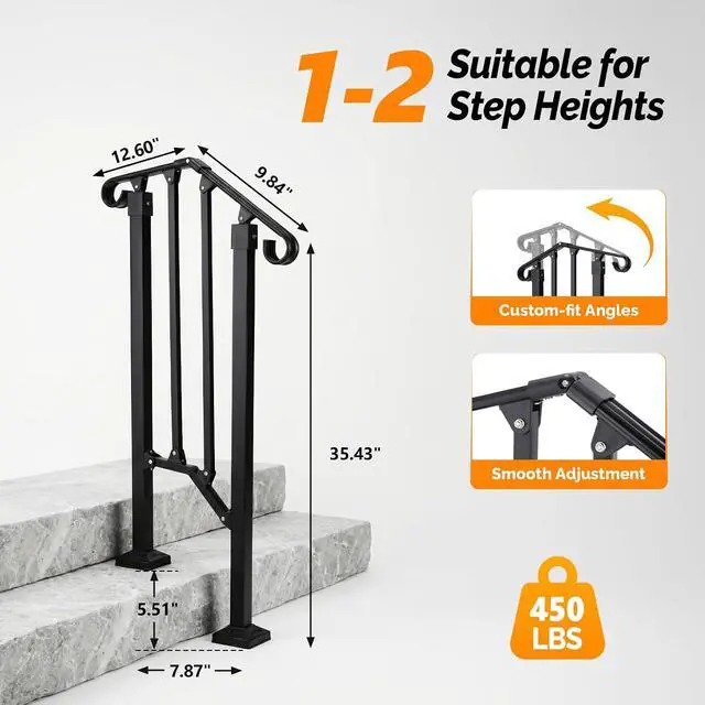 Alt view image 4 of 7 - Handrails for Outdoor Steps, Stair Handrail Fits 1 to 5 Steps, Wrought Iron Hand Rail Stair Railing Kit for Concrete/Porch/Wooden Steps (2, Matte Black, 1 to 2 Steps)