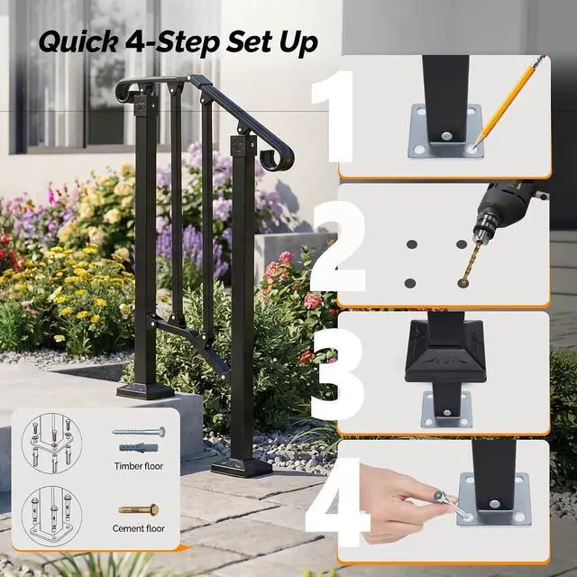 Alt view image 6 of 7 - Handrails for Outdoor Steps, Stair Handrail Fits 1 to 5 Steps, Wrought Iron Hand Rail Stair Railing Kit for Concrete/Porch/Wooden Steps (2, Matte Black, 1 to 2 Steps)