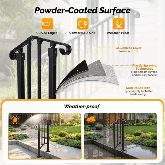 Alt view image 5 of 7 - Handrails for Outdoor Steps, Stair Handrail Fits 1 to 5 Steps, Wrought Iron Hand Rail Stair Railing Kit for Concrete/Porch/Wooden Steps (2, Matte Black, 1 to 2 Steps)