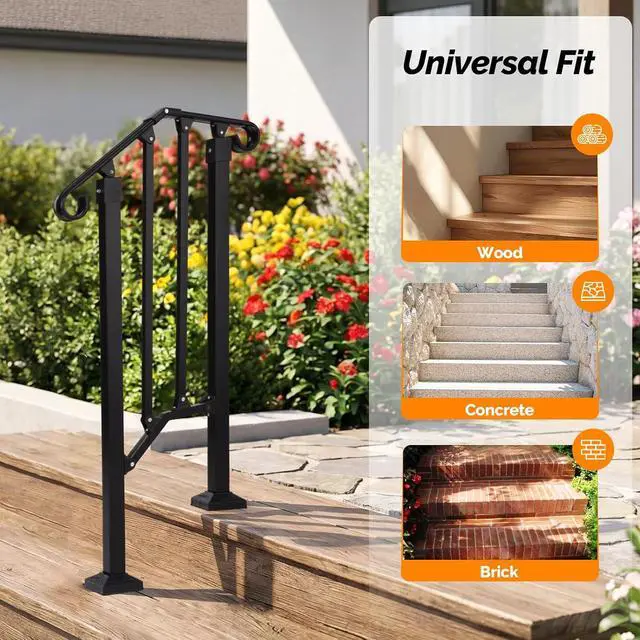 Alt view image 7 of 7 - Handrails for Outdoor Steps, Stair Handrail Fits 1 to 5 Steps, Wrought Iron Hand Rail Stair Railing Kit for Concrete/Porch/Wooden Steps (2, Matte Black, 1 to 2 Steps)